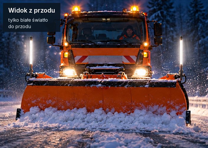 Pojazd do odśnieżania widziany z przodu nocą: tyczki świetlne na obu końcach pługa świecą na biało do przodu