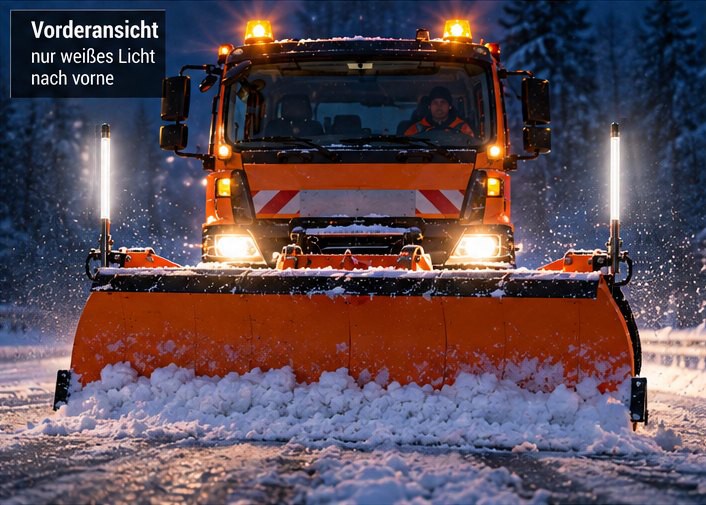 Räumfahrzeug von vorn bei Nacht: Leuchtstäbe an beiden Enden des Schneepflugs leuchten weiß nach vorn